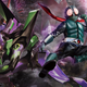 The Evangelion Unit-O1 wields the Lance of Longinus while a giant Kamen rider does a dropkick.